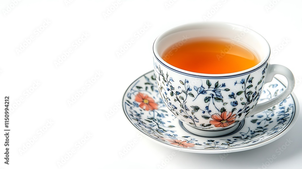 Floral teacup filled with amber tea on saucer. Floral teacup filled with amber tea on saucer.