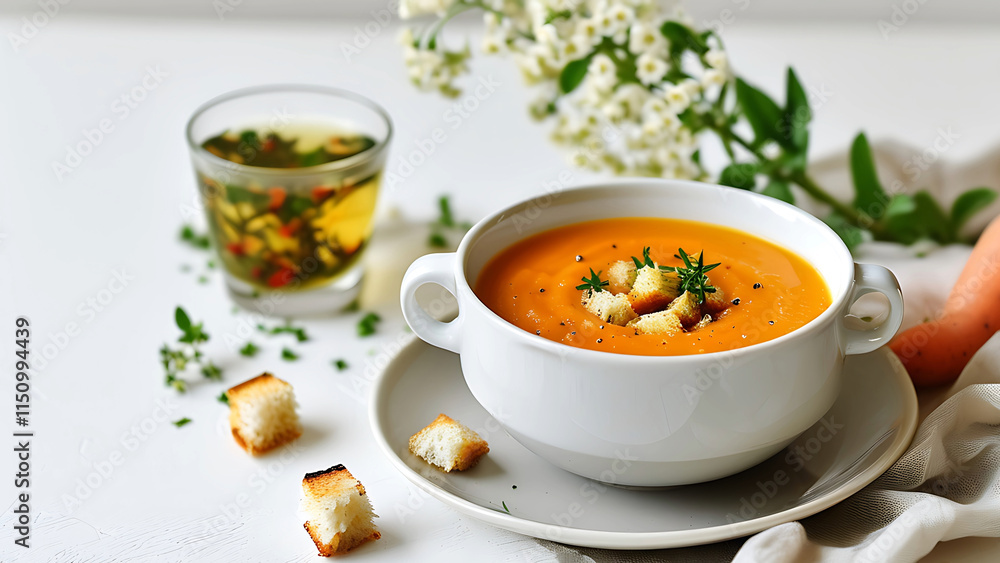 Delicious and healthy creamy carrot soup in a bowl, garnished with croutons and thyme. A perfect autumn or winter meal. Delicious and healthy creamy carrot soup in a bowl, garnished with croutons and thyme. A perfect autumn or winter meal.