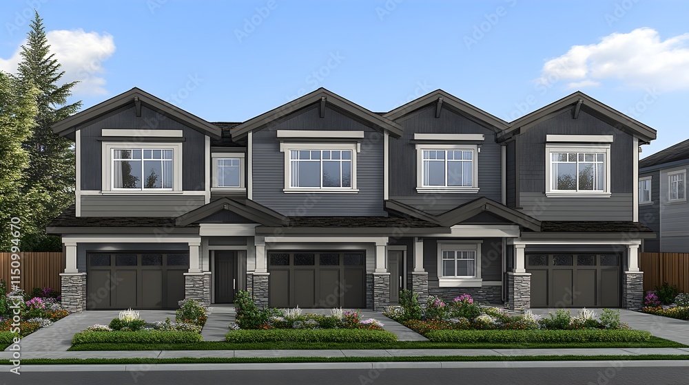 Modern townhouse design urban neighborhood architectural rendering contemporary style front view real estate concept Modern townhouse design urban neighborhood architectural rendering contemporary style front view real estate concept