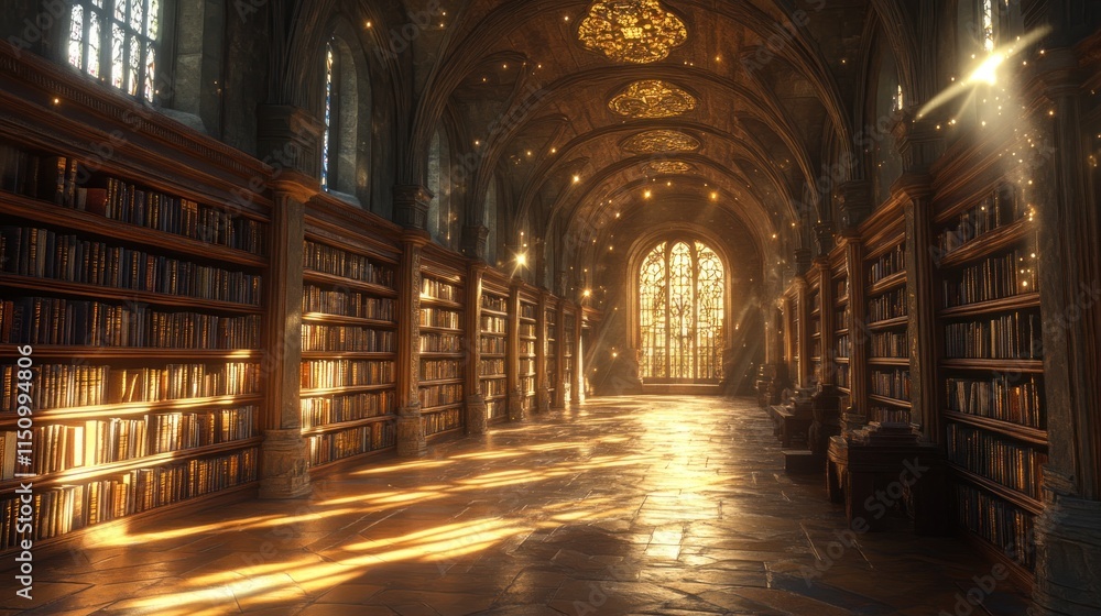 A serene library with tall shelves filled with books and sunlight streaming through stained glass. A serene library with tall shelves filled with books and sunlight streaming through stained glass.