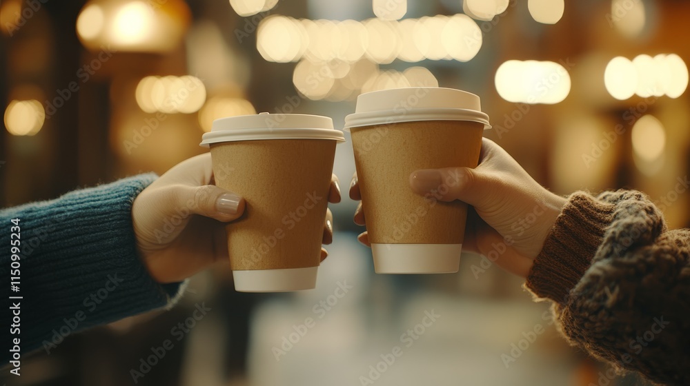 Two hands holding coffee cups, set against a warm, softly lit background, creating a cozy and inviting atmosphere. Couple love concept. Two hands holding coffee cups, set against a warm, softly lit background, creating a cozy and inviting atmosphere. Couple love concept.