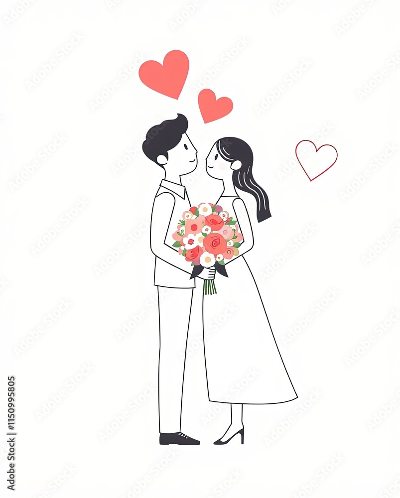 Line art Valentine icons featuring a couple, a bouquet of flowers, and heart outlines. Line art Valentine icons featuring a couple, a bouquet of flowers, and heart outlines.