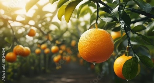 Ripe orange hanging on tree, sunlit citrus orchard, golden hour glow, bokeh light effects, lush green leaves, vibrant fruit, closeup photography, shallow depth of field, organic farming, juicy tangeri
