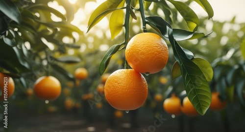 Ripe orange hanging on tree, sunlit citrus orchard, golden hour glow, bokeh light effects, lush green leaves, vibrant fruit, closeup photography, shallow depth of field, organic farming, juicy tangeri