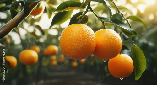 Ripe orange hanging on tree, sunlit citrus orchard, golden hour glow, bokeh light effects, lush green leaves, vibrant fruit, closeup photography, shallow depth of field, organic farming, juicy tangeri