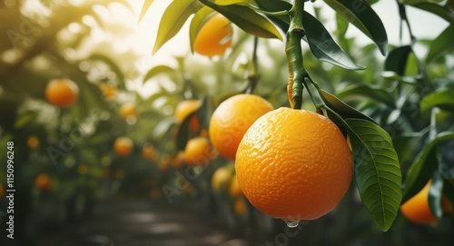 Ripe orange hanging on tree, sunlit citrus orchard, golden hour glow, bokeh light effects, lush green leaves, vibrant fruit, closeup photography, shallow depth of field, organic farming, juicy tangeri