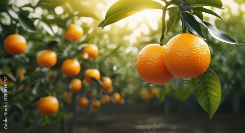Ripe orange hanging on tree, sunlit citrus orchard, golden hour glow, bokeh light effects, lush green leaves, vibrant fruit, closeup photography, shallow depth of field, organic farming, juicy tangeri