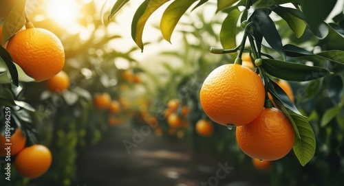 Ripe orange hanging on tree, sunlit citrus orchard, golden hour glow, bokeh light effects, lush green leaves, vibrant fruit, closeup photography, shallow depth of field, organic farming, juicy tangeri