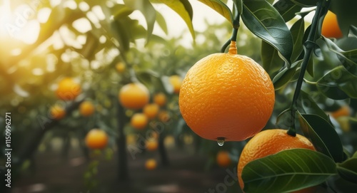 Ripe orange hanging on tree, sunlit citrus orchard, golden hour glow, bokeh light effects, lush green leaves, vibrant fruit, closeup photography, shallow depth of field, organic farming, juicy tangeri
