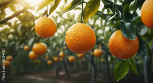 Ripe orange hanging on tree, sunlit citrus orchard, golden hour glow, bokeh light effects, lush green leaves, vibrant fruit, closeup photography, shallow depth of field, organic farming, juicy tangeri