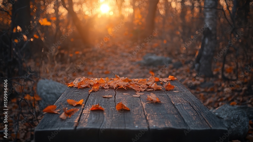 Orange Leaves and Wooden Planks at Suns on an Autumn Table, Generative Ai Orange Leaves and Wooden Planks at Suns on an Autumn Table, Generative Ai