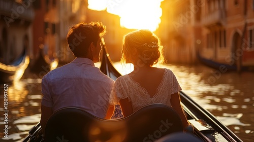 A couple enjoys a romantic gondola ride at sunset, surrounded by the enchanting beauty of Venice's canals. Couple love concept.