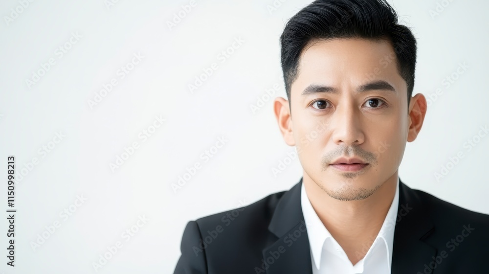 A confident man in a black suit poses against a light background, exuding professionalism and charisma. A confident man in a black suit poses against a light background, exuding professionalism and charisma.