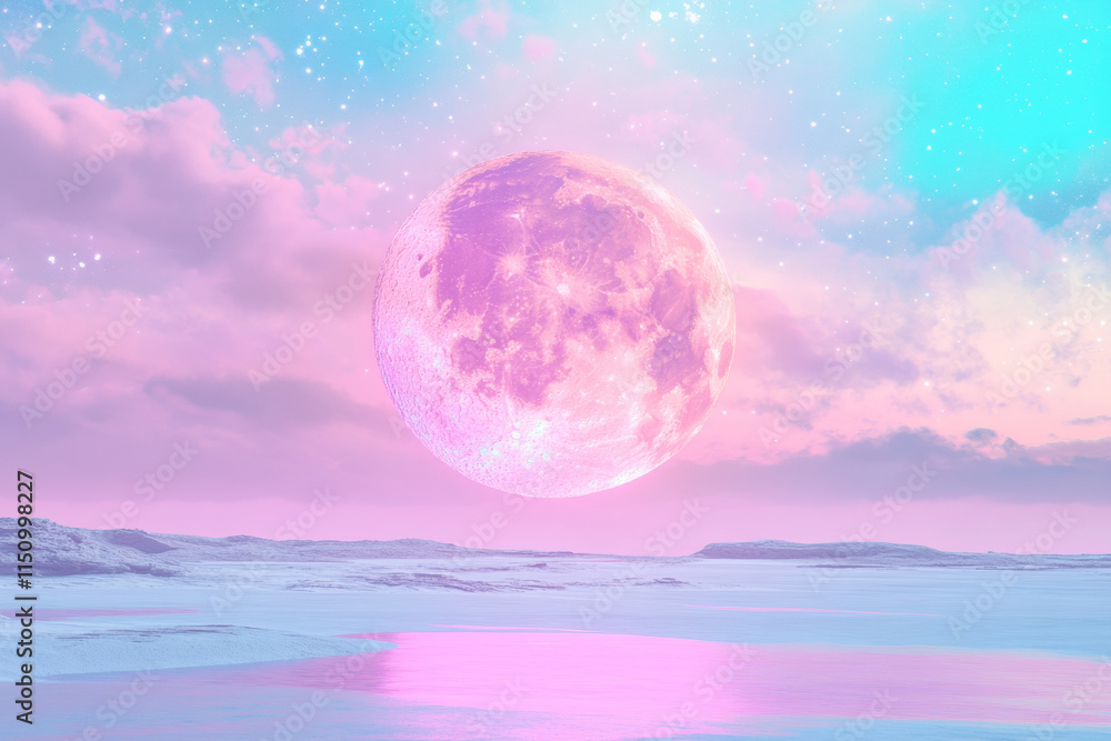surreal landscape featuring large pink moon illuminating tranquil scene surreal landscape featuring large pink moon illuminating tranquil scene