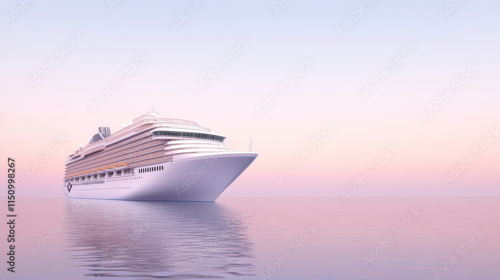 A luxurious cruise ship glides through calm waters, surrounded by a serene pastel sky at dawn. A luxurious cruise ship glides through calm waters, surrounded by a serene pastel sky at dawn.