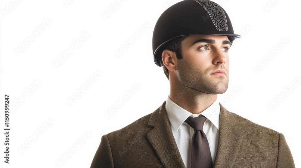 A stylish man wearing a riding helmet and a formal outfit, exuding elegance and confidence, set against a plain white background. A stylish man wearing a riding helmet and a formal outfit, exuding elegance and confidence, set against a plain white background.