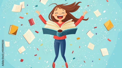 Joyful Girl Surrounded by Flying Books Celebrating Reading