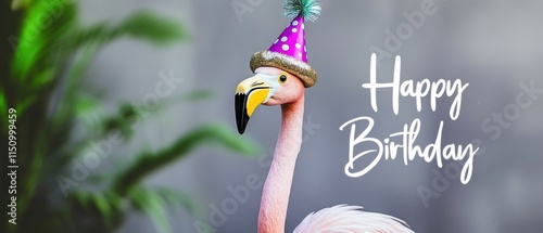 Festive Flamingo Wearing a Birthday Party Hat: Happy Birthday Card Image photo