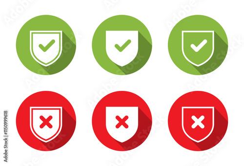 Shield check mark and cross icon set with long shadow. Safe and unsafe concept