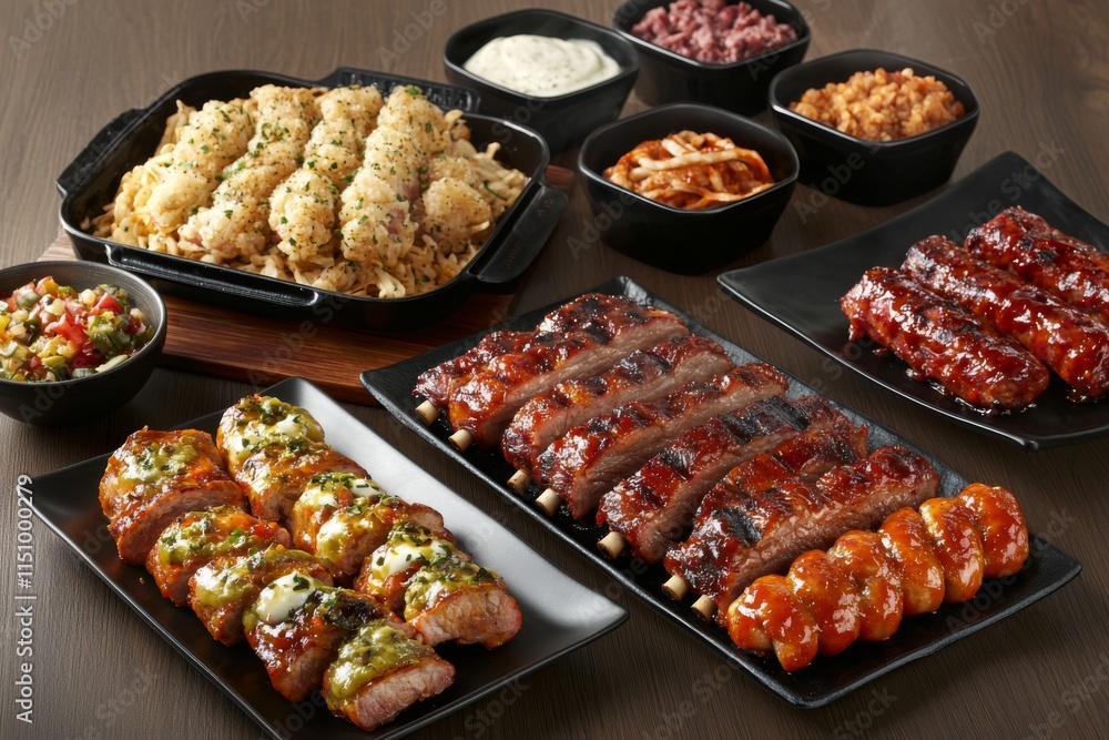 Delicious BBQ Feast Ribs Pulled Pork Sausage Sides Delicious BBQ Feast Ribs Pulled Pork Sausage Sides