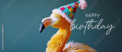 Happy Birthday Flamingo: Festive Bird in Party Hat Stock Photo photo