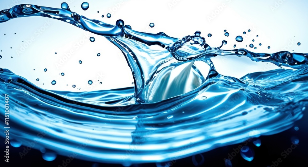 Fototapeta premium Water splash, high-speed photography, liquid dynamics, blue tones, crystal clear, macro shot, droplets, ripples, wave formation, surface tension, fluid motion, aqua, transparent, dynamic, clean, fresh