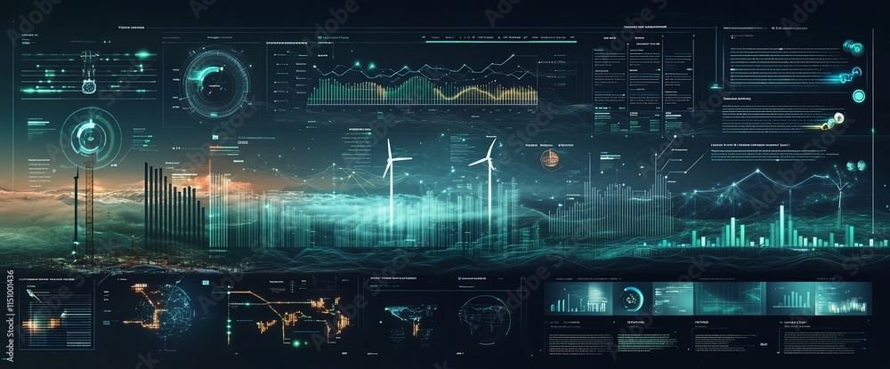 Futuristic data visualization showcasing renewable energy metrics and analytics. Futuristic data visualization showcasing renewable energy metrics and analytics.