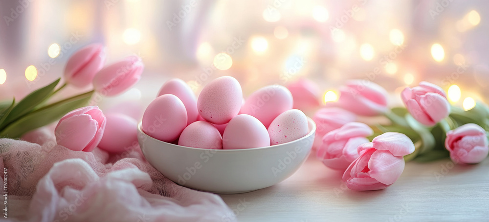 Delicate pink eggs in bowl surrounded by tulips create serene Easter ambiance Delicate pink eggs in bowl surrounded by tulips create serene Easter ambiance
