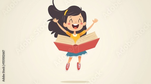 Happy Girl Joyfully Leaps While Holding Open Book
