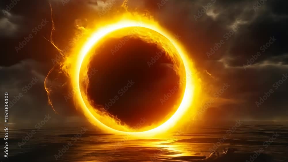 Captivating solar eclipse over the ocean during sunset reveals a stunning ring of fire against dark clouds