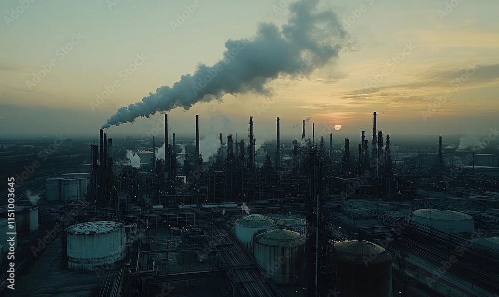 Obraz premium Industrial landscape at sunset with smoke billowing from chimneys.