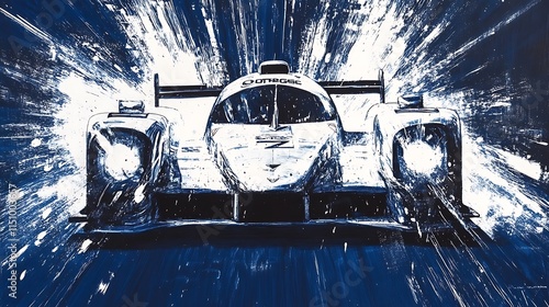 Abstract racing car speed motion, blue white splash paint artwork. photo