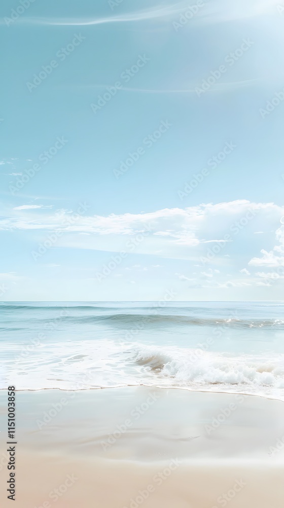 Fototapeta premium Serene beach with soft waves and a clear, sunny sky, creating a perfect atmosphere for relaxation and tranquility.