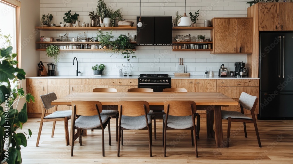 Modern kitchen with wooden dining table and chairs, open shelving, and plants. Modern kitchen with wooden dining table and chairs, open shelving, and plants.