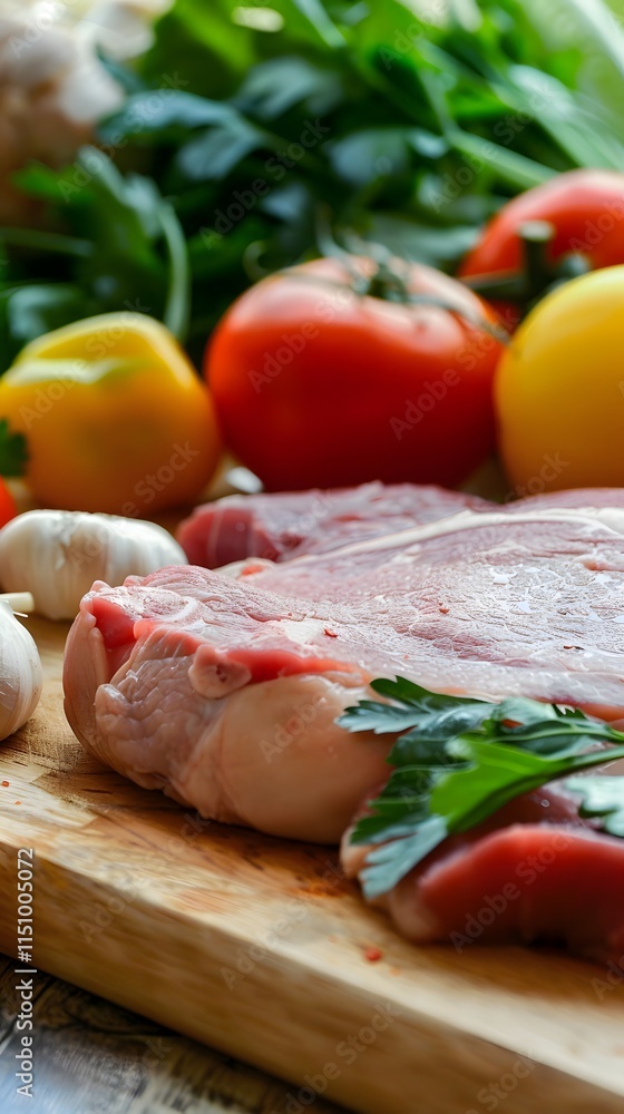 Raw meat placed on a wooden cutting board with fresh vegetables, ready for cooking a healthy meal. Raw meat placed on a wooden cutting board with fresh vegetables, ready for cooking a healthy meal.