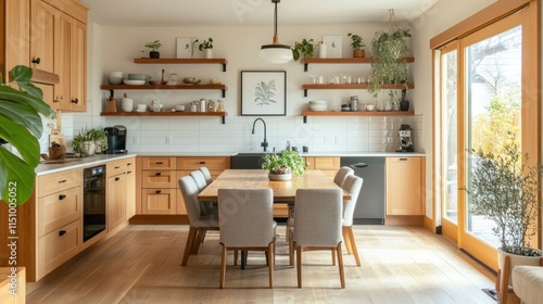 Wallpaper Mural Light wood kitchen with dining table, floating shelves, and plants. Torontodigital.ca