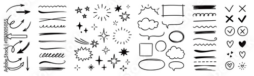 Line arrow hand drawn shape brush underline stroke element vector set. Hand drawn doodle sketch arrow, circle, star brush stroke scribble underline icon. Marker doodle heart vector illustration.