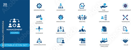 Business Management Icons Set is a collection of minimalist, vector-based line icons designed to represent various aspects of management.