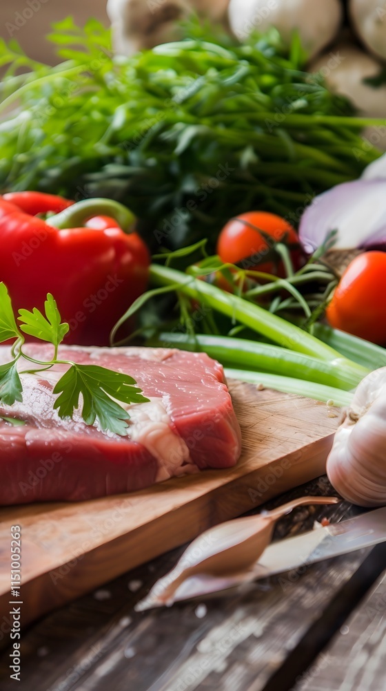 Raw meat displayed on a cutting board alongside vibrant vegetables, illustrating the start of meal preparation. Raw meat displayed on a cutting board alongside vibrant vegetables, illustrating the start of meal preparation.