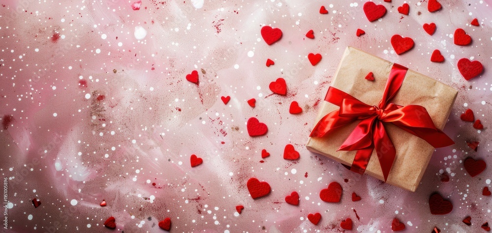A beautifully wrapped gift sits on a soft pink canvas surrounded by vibrant red hearts. Love, romance, hearts, affection, togetherness, Valentine Day celebration concept A beautifully wrapped gift sits on a soft pink canvas surrounded by vibrant red hearts. Love, romance, hearts, affection, togetherness, Valentine Day celebration concept