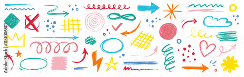 Arrow brush line color paint element shape set. Crayon abstract doodle color circle, arrow sketch hand drawn. Texture crayon brush sketch style shape background. Vector illustration