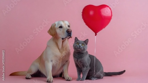 A friendly Labrador dog and a gray cat sit side by side, gazing at a red heart-shaped balloon. Love, romance, hearts, affection, togetherness, Valentine Day celebration concept photo