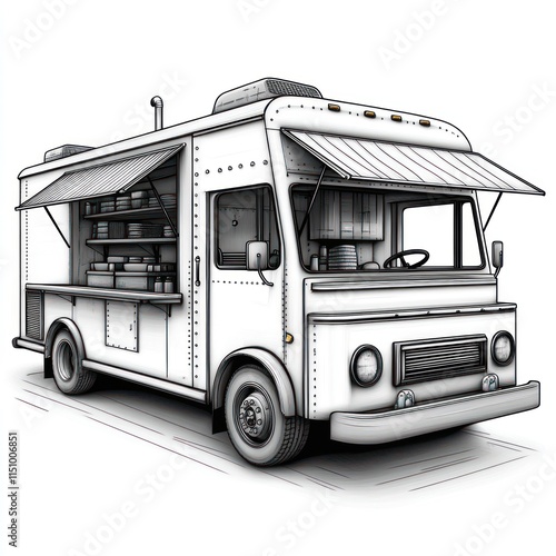 Outlined food truck illustration.