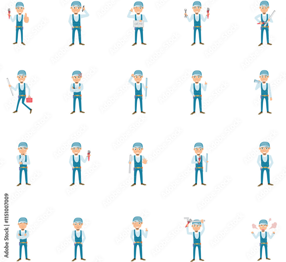 Handyman, repair worker, plumber in uniform. Character constructor for animation. Front, side and back view set. Body parts, postures, poses collection. Vector illustration. Handyman, repair worker, plumber in uniform. Character constructor for animation. Front, side and back view set. Body parts, postures, poses collection. Vector illustration.