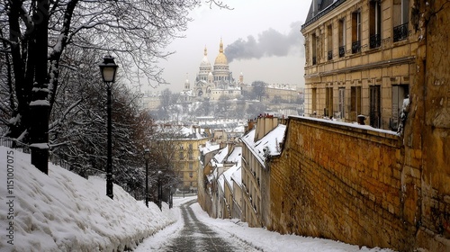 Montmartre in Winter Snow Covered Parisian Street Leading to Sacr�-C�ur Basilica photo