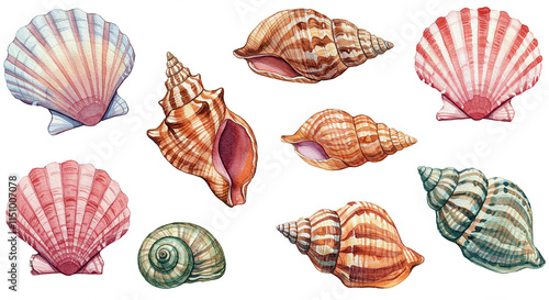 Watercolor Seashells Ocean Collection Summer Beach Coastal Nautical Marine Life Shells Scallops