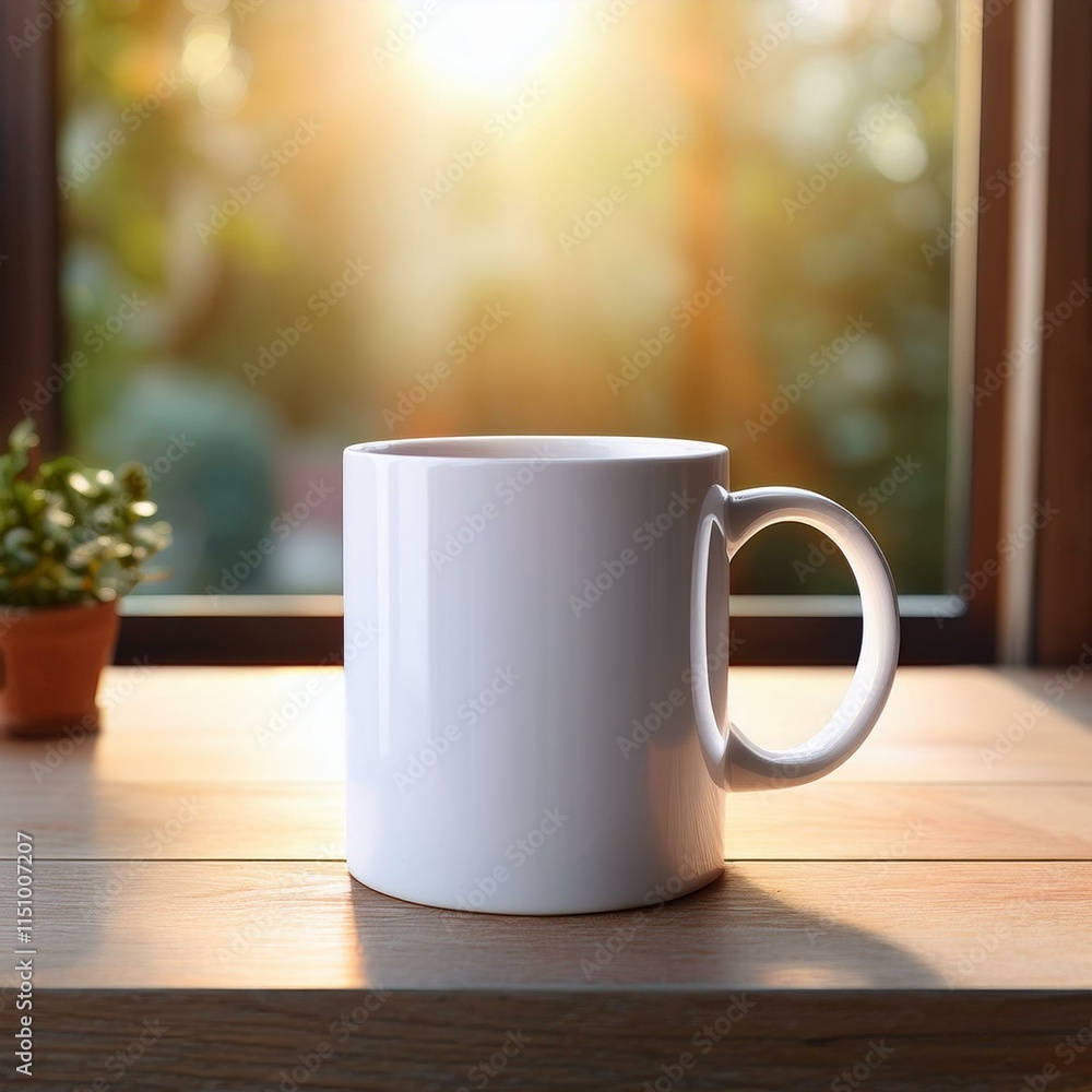 white coffee mug mockup in front of a window at sunrise overlooking trees and mountains background white coffee mug mockup in front of a window at sunrise overlooking trees and mountains background