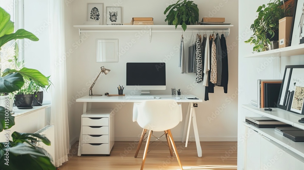 Modern Minimalist Home Office with White Desk, Computer, and Stylish Decor in Bright Room Surrounded by Plants and Clothing Rack Modern Minimalist Home Office with White Desk, Computer, and Stylish Decor in Bright Room Surrounded by Plants and Clothing Rack