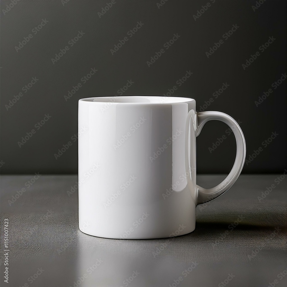 side view of blank empty 11 oz white coffee mug and grey background side view of blank empty 11 oz white coffee mug and grey background