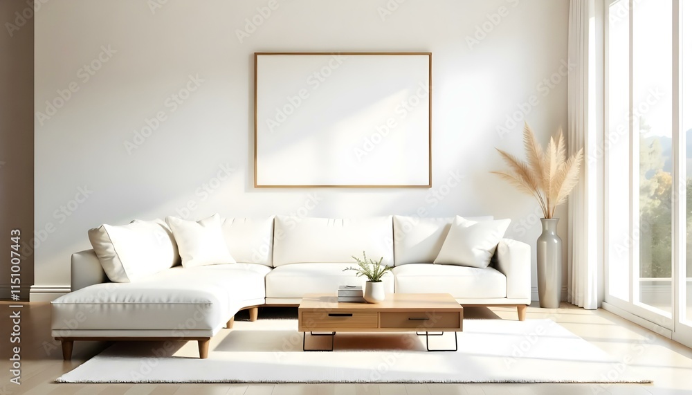 A minimalist living room with a large white sofa, a wooden coffee table, and a framed artwork on the wall A minimalist living room with a large white sofa, a wooden coffee table, and a framed artwork on the wall